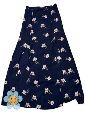American Eagle ~Skirt w/Front Slits ~Navy Blue ~ Maxi Skirt w/ White Flowers